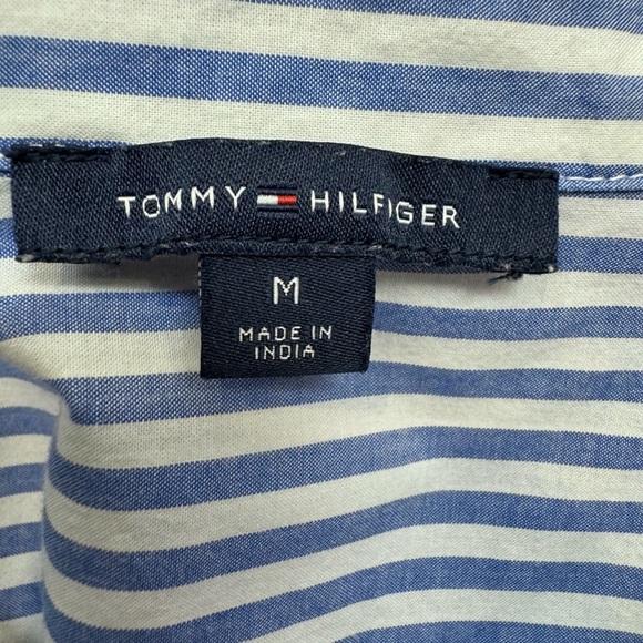 Tommy Hilfiger Popover Blouse Long Sleeves Blue White Pinstripes Cotton Medium - Picture 9 of 10